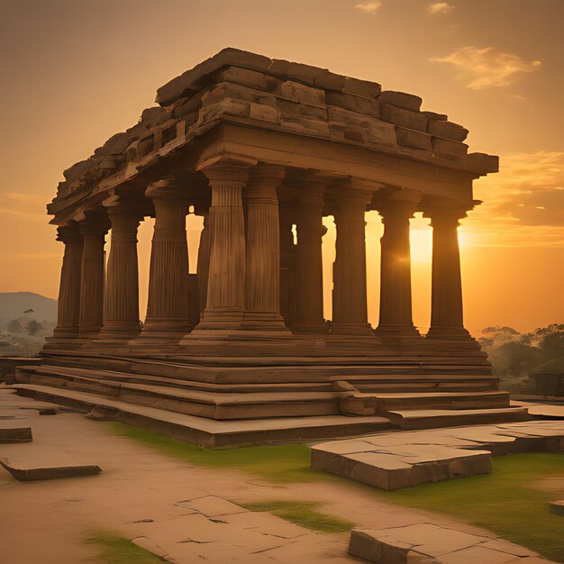 Foto un atardecer con un templo en el fondo y una puesta de sol en el fondo