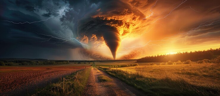 Foto un atardecer tornado con rayos