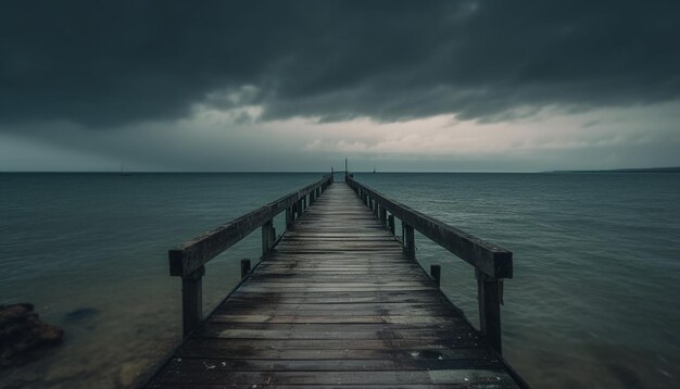 Atardecer tranquilo sobre un antiguo muelle de madera generado por IA