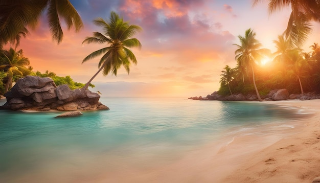 un atardecer tropical en la playa con palmeras y una puesta de sol