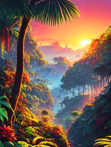 Atardecer tropical en la selva Ilustración digital