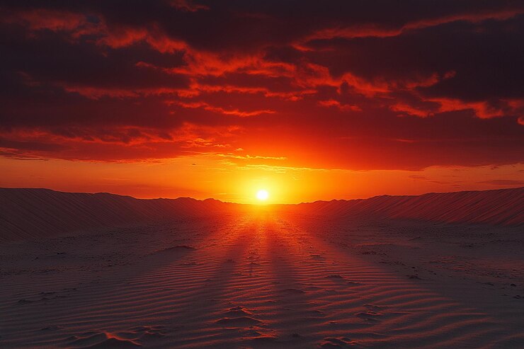 Un atardecer vibrante proyectando sombras sobre un tranquilo paisaje desértico IA generativa