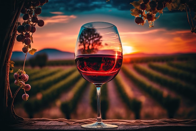 Atardecer en el viñedo a través de una copa de vino tinto Ai generó