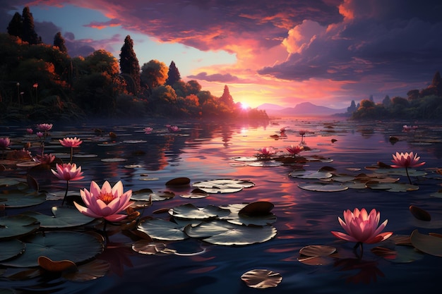 Los atardeceres abrazan el loto adornan el lago una visión tranquila de serenidad