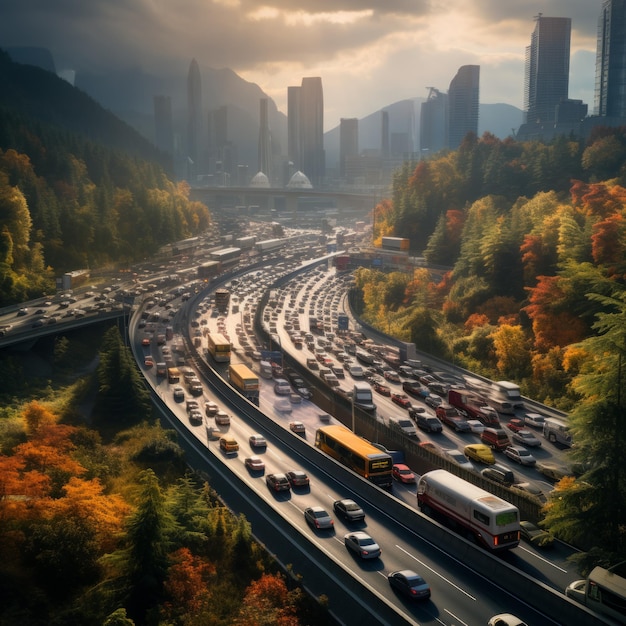 Foto un atasco de tráfico en una autopista en las montañas