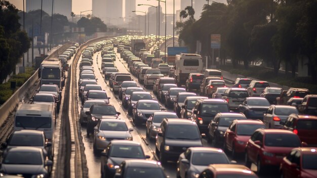 Foto atasco de tráfico en la carretera atasco de tránsito en la hora pico bloqueo de tráfico en el camino ia generativa