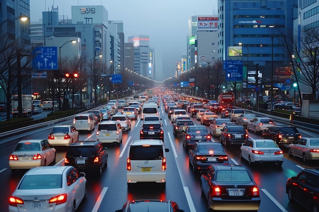 atasco de tráfico en la carretera principal a la entrada de la ciudad con niebla debido a la contaminación