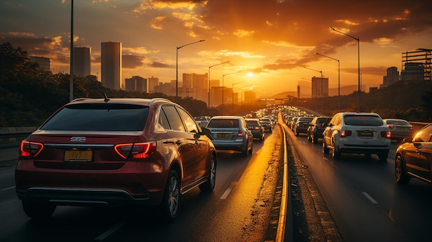 Atasco de tráfico en la ciudad al atardecergenerativo ai