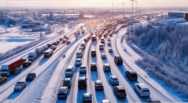 Foto el atasco de tráfico de invierno en icy road ia generativa