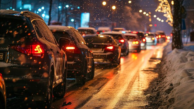 atascos de tráfico en la carretera en las vacaciones de invierno de invierno fondo fotorrealista con efecto bokeh