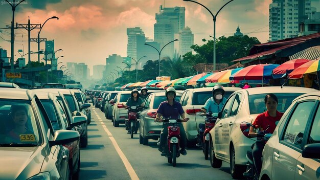 atascos de tráfico en la ciudad con fila de coches en la carretera en Bangkok