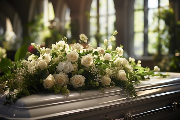 Foto un ataúd blanco en el funeral.