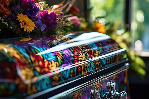 Foto ataúd colorido en un coche fúnebre o capilla visto antes del entierro o funeral en el cementerio en un primer plano