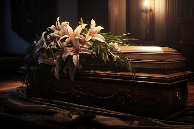 Un ataúd funerario con flores en un fondo oscuro