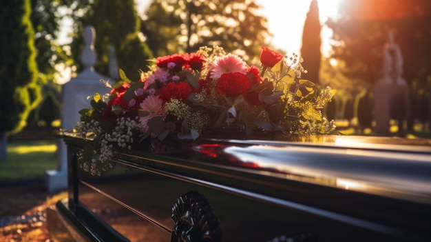 Foto ataúd funerario con flores luto