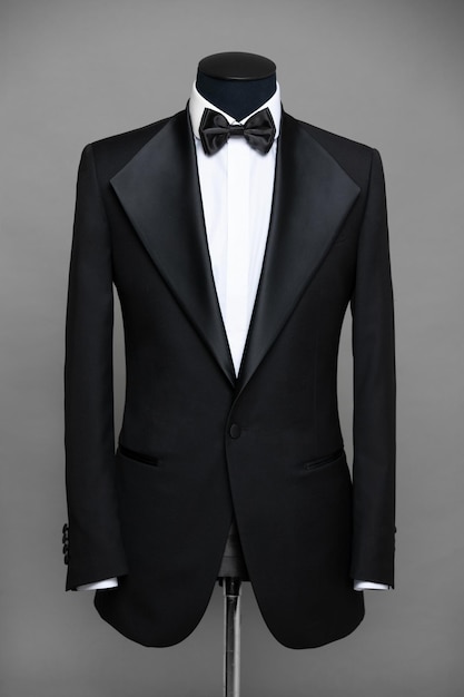 Ateliê para consertar roupas look elegante look fashion look masculino estilo casamento conceito de moda roupas de marca traje clássicofato em fundo preto vitrine da loja estilo clássico fundo cinza