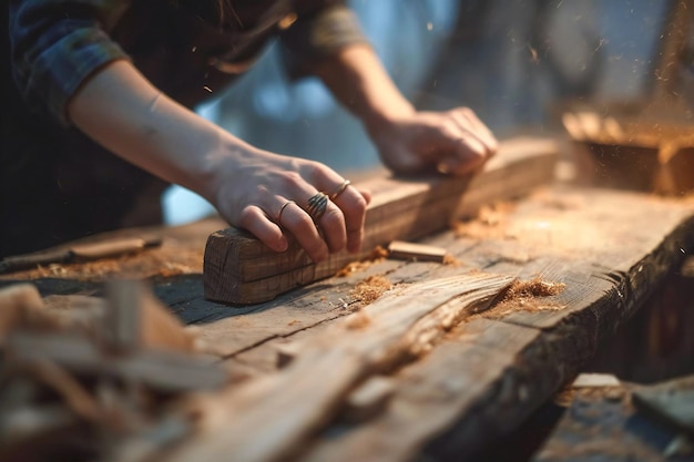 Foto atelier de madeira mãos de um mestre