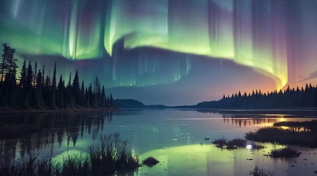 Foto atemberaubend schöne landschaft mit aurora-himmelhintergrund