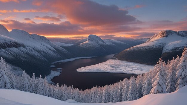 Atemberaubende Aussicht auf einen schneebedeckten Wald bei Sonnenuntergang in Norwegen