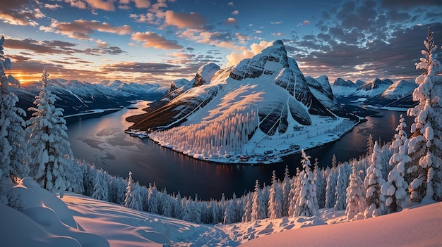 Atemberaubende Aussicht auf einen schneebedeckten Wald bei Sonnenuntergang in Norwegen