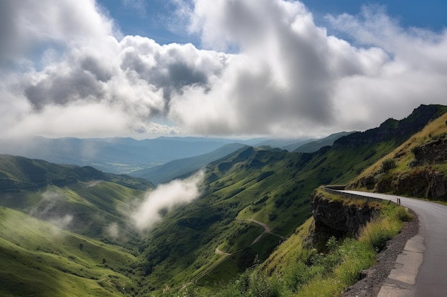 Atemberaubende Aussicht von einer Bergstraße mit Wolken und Himmel im Hintergrund, erstellt mit generativer KI