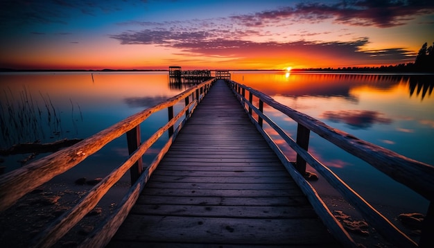 Atemberaubende farbenfrohe Aussicht auf den Sonnenuntergang vom Ufer aus vom Holzsteg