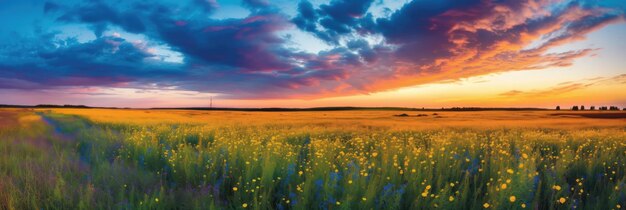 Atemberaubende farbenfrohe Landschaft. Gelbes blühendes Feld vor blauem Himmel im Hintergrund