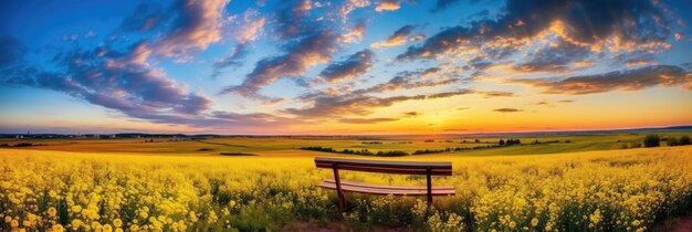 Atemberaubende farbenfrohe Landschaft. Gelbes blühendes Feld vor blauem Himmel im Hintergrund