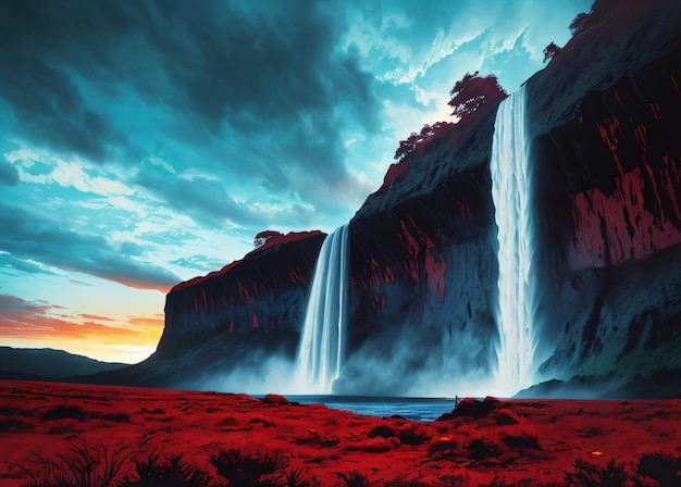 atemberaubende filmische Comicbuch grafische Illustration von Blut Wasserfall dramatischer Himmel