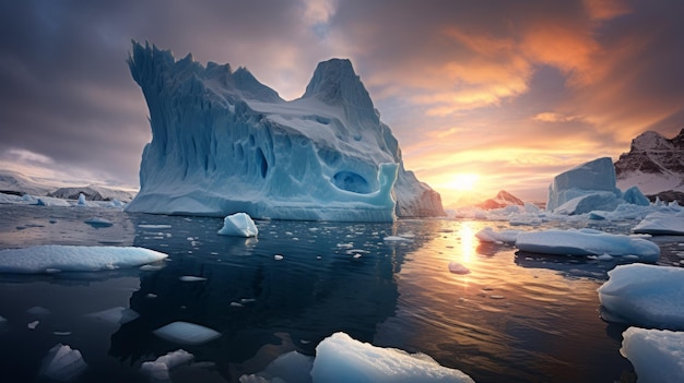 Atemberaubende fotorealistische Landschaft, majestätischer Eisberg bei Sonnenuntergang in der Antarktis