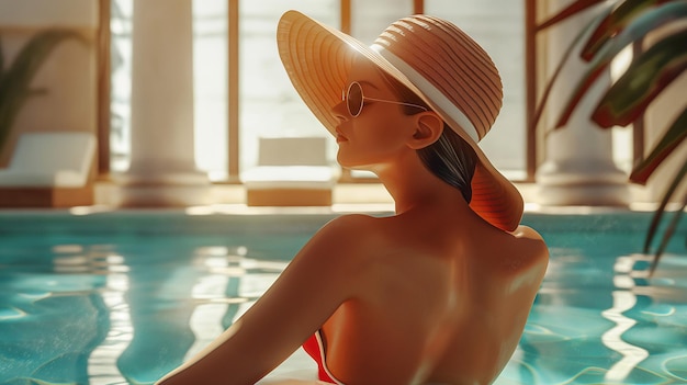 Atemberaubende Frau mit breitem Hut am Pool in einem Hotel Stilvolles Mädchen genießt die Atmosphäre der Ruhe
