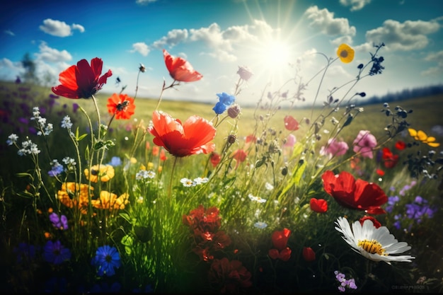 Atemberaubende Frühlingsszene mit lebhaften Wildblumen Generative KI
