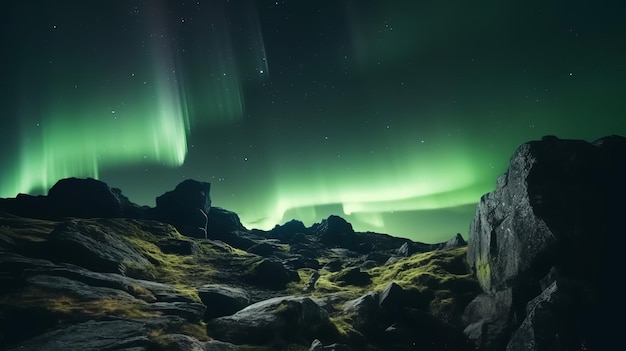 Atemberaubende grüne Aurora-Lichter über felsiger Landschaft