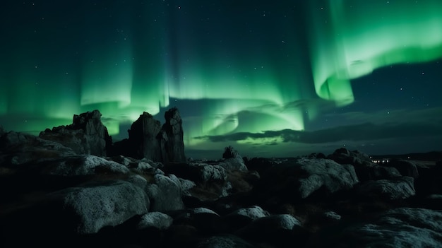 Atemberaubende grüne Aurora-Lichter über felsiger Landschaft