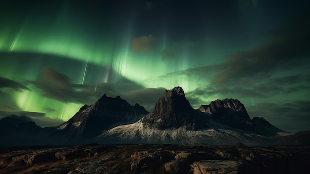 Atemberaubende grüne Aurora-Lichter über felsiger Landschaft