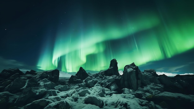 Atemberaubende grüne Aurora-Lichter über felsiger Landschaft