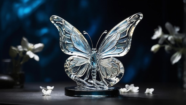 atemberaubende Kristallquarz-Glasskulptur eines zarten Schmetterlings, der ein faszinierendes Durchscheinungsbild darstellt