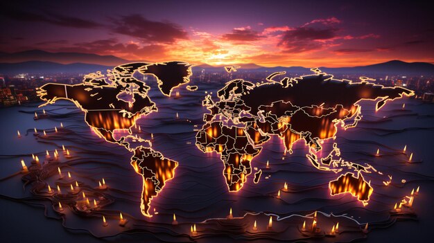 Atemberaubende Luftaufnahme der Weltkarte, beleuchtet durch Kerzen, verbessert durch generative KI