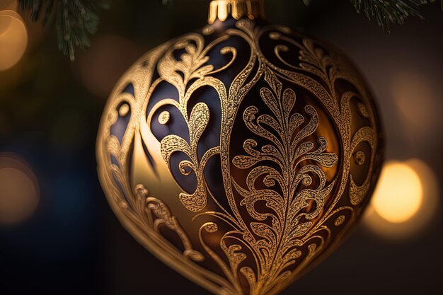 Atemberaubende Makroaufnahme eines goldenen Christbaumschmucks vor beleuchtetem Hintergrund