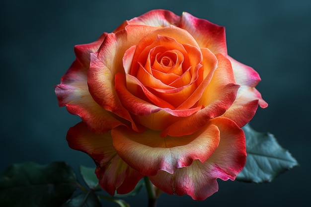 Atemberaubende Nahaufnahme einer lebendigen, zweifarbigen orange-gelben Rose mit dunklem Hintergrund, perfekt für
