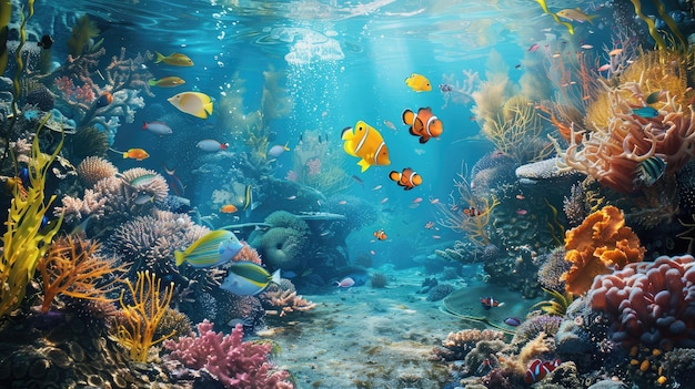 Atemberaubende Rifffische erkunden ein Korallenriff-Ökosystem, das die Vielfalt des Meereslebens zeigt
