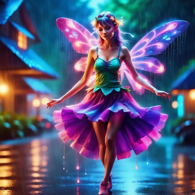 atemberaubende schöne fee tanzt im regen trägt farbenfrohe kleider pilze magische atmosphäre cine