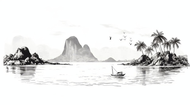 Atemberaubende schwarz-weiße Tropische See-Zeichnung mit exotischen Vögeln und detaillierten Charakterillustrationen