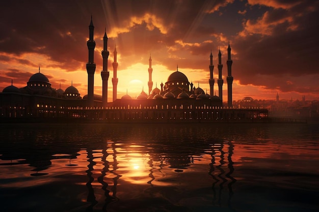 Atemberaubende Silhouette der Moschee vor dem Sonnenuntergang