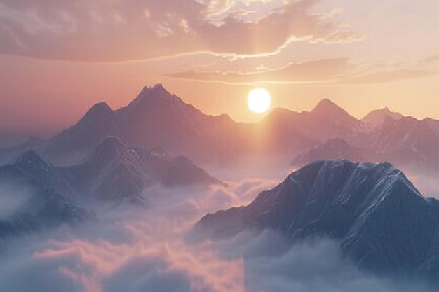 Atemberaubende Sonnenaufgänge über nebligen Bergen