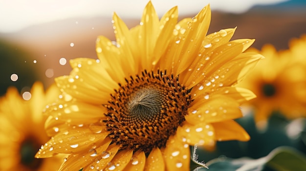 Atemberaubende Sonnenblumen-Tapete mit Wassertropfen im sanften Morgenlicht