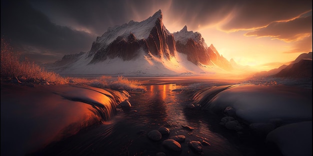 Atemberaubende winterliche Berglandschaft mit glitzernden Flüssen, die durch die majestätische Landschaft der generativen KI fließen