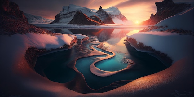 Atemberaubende winterliche Berglandschaft mit glitzernden Flüssen, die durch die majestätische Landschaft der generativen KI fließen