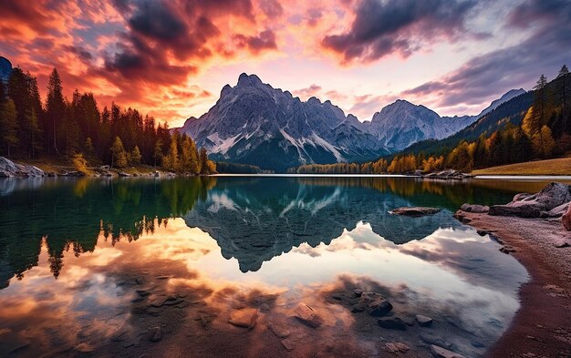 Foto atemberaubender blick auf den sonnenuntergang über dem fusine-see auf einem fesselnden foto