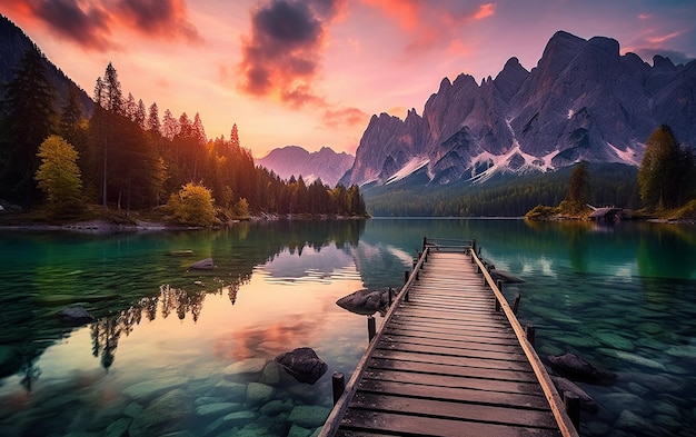 Atemberaubender Blick auf den Sonnenuntergang über dem Fusine-See auf einem fesselnden Foto